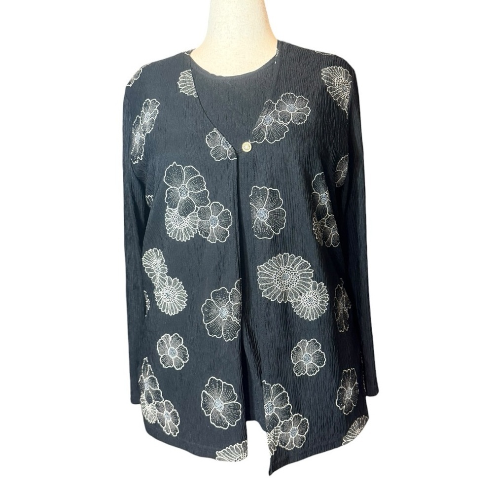 Bella Mode Floral Black Long Sleeve Top Size Large